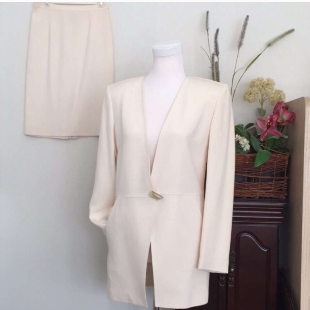 Vintage Dana Buchman Cream Silk Skirt Set Minimalist Jacket & Skirt Size 6